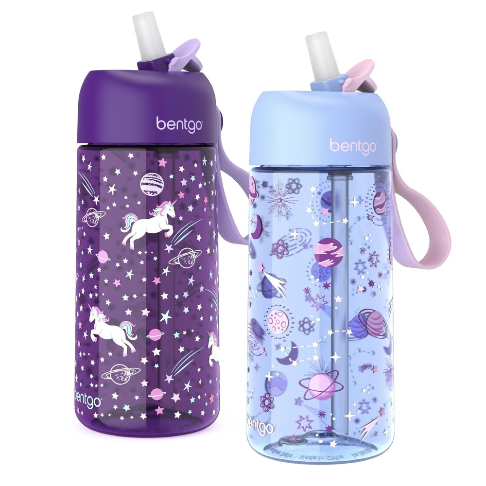 Bentgo Kids Water Bottle 2-Pack Unicorn Space Purple Blue 15oz Leak-Proof